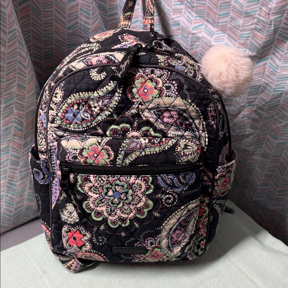 Vera Bradley Quilted Mini Backpack in Black with Pastel Paisley